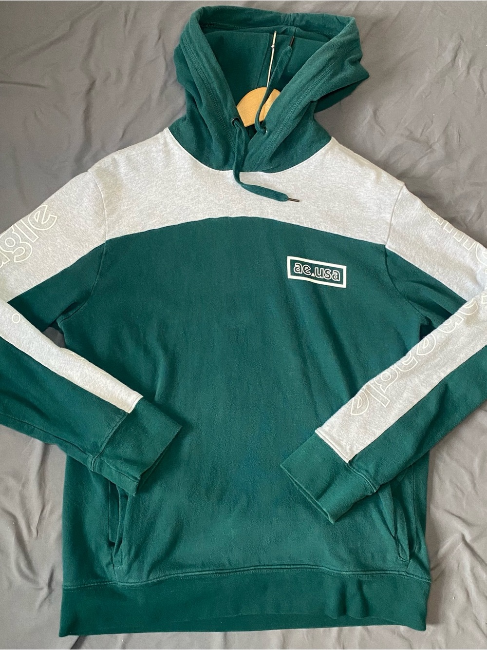 American Eagle Hoodie Men’s Medium Green Colorblock AE USA Pullover Casual